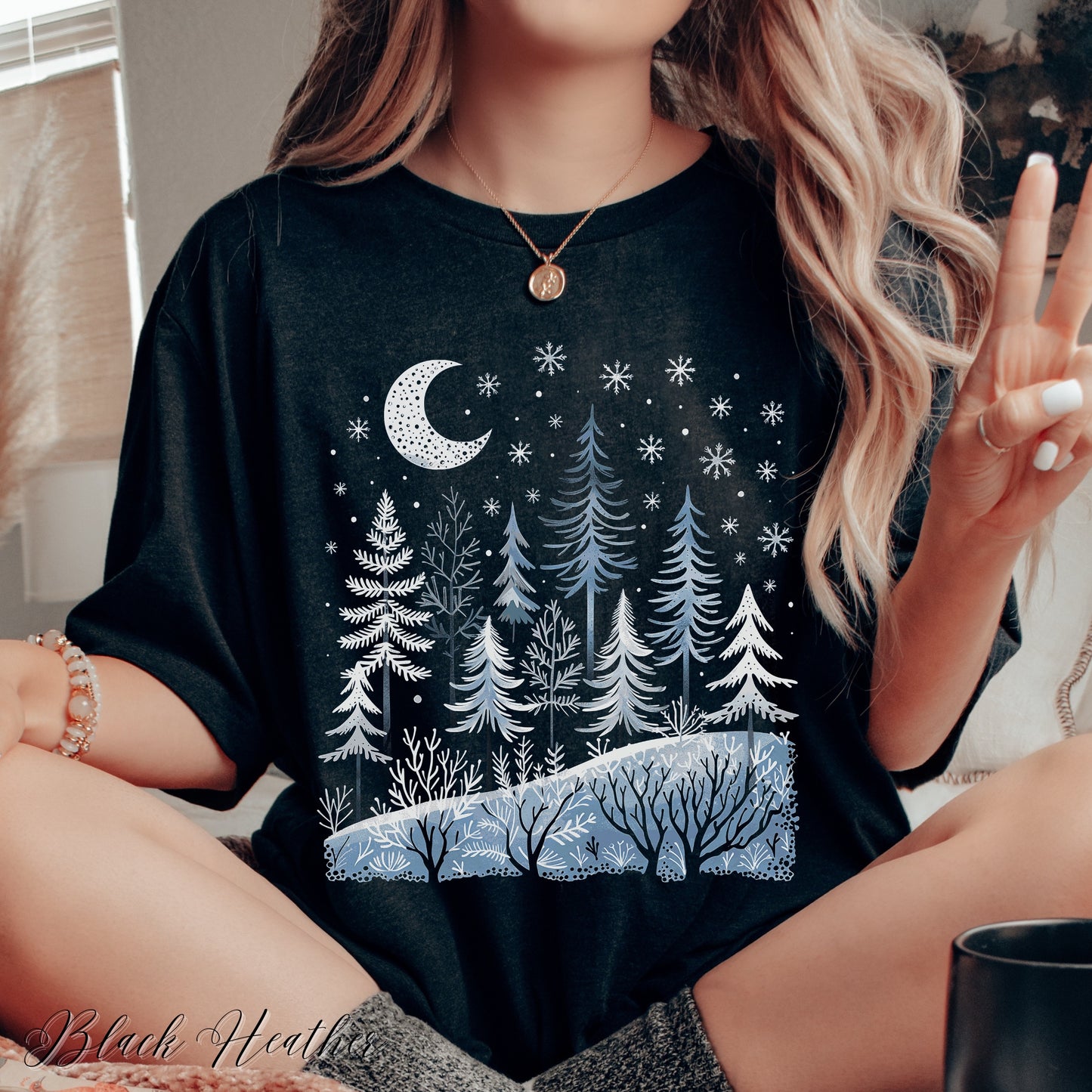 Boho Winter Moon and Forest Shirt - Celestial Woodland Christmas Shirt