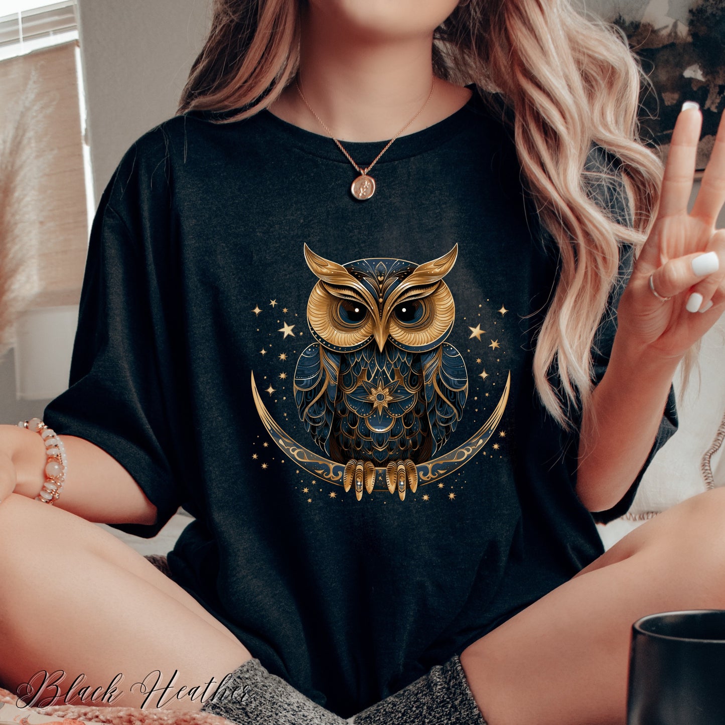 Celestial Owl Shirt - Owl on Crescent Moon Vintage Graphic Tee - Boho Shirt