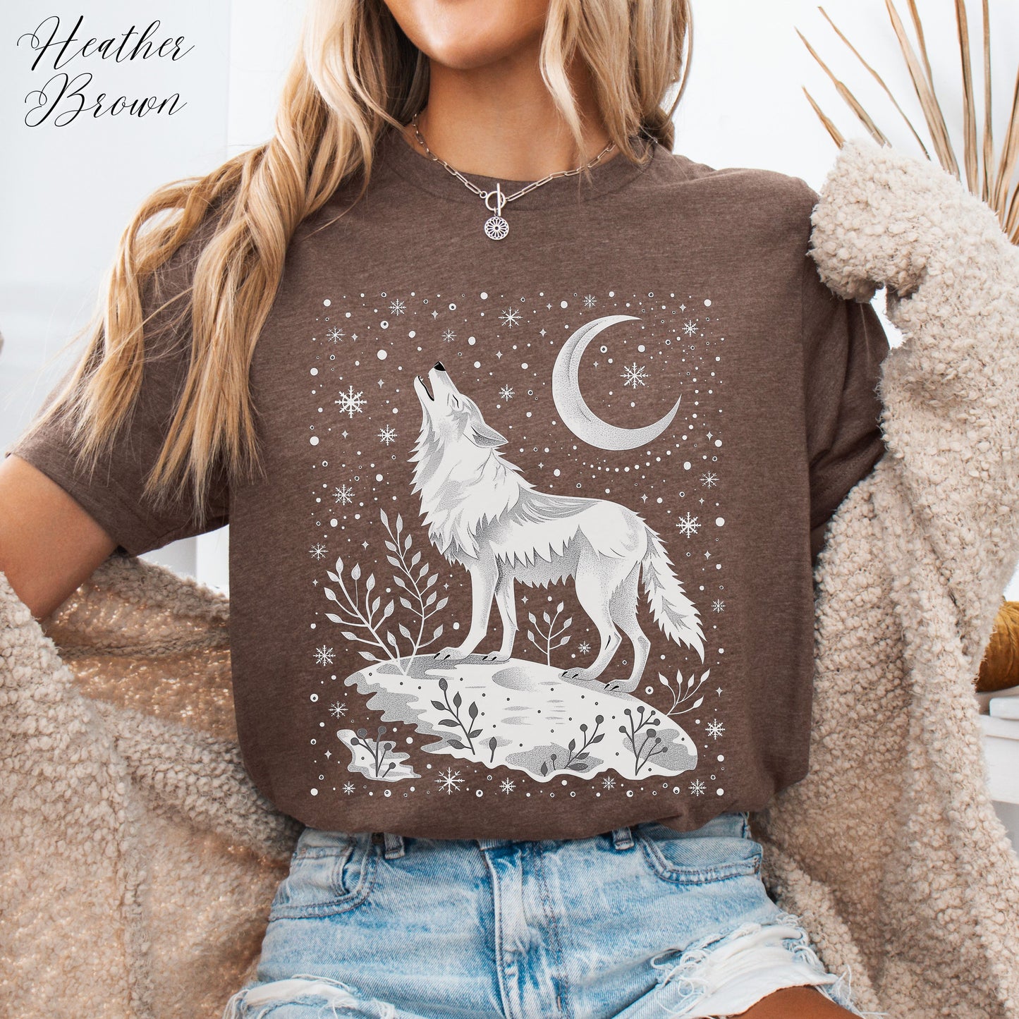 Celestial Arctic Wolf Shirt - Snowy Moon and Wolf Christmas Shirt