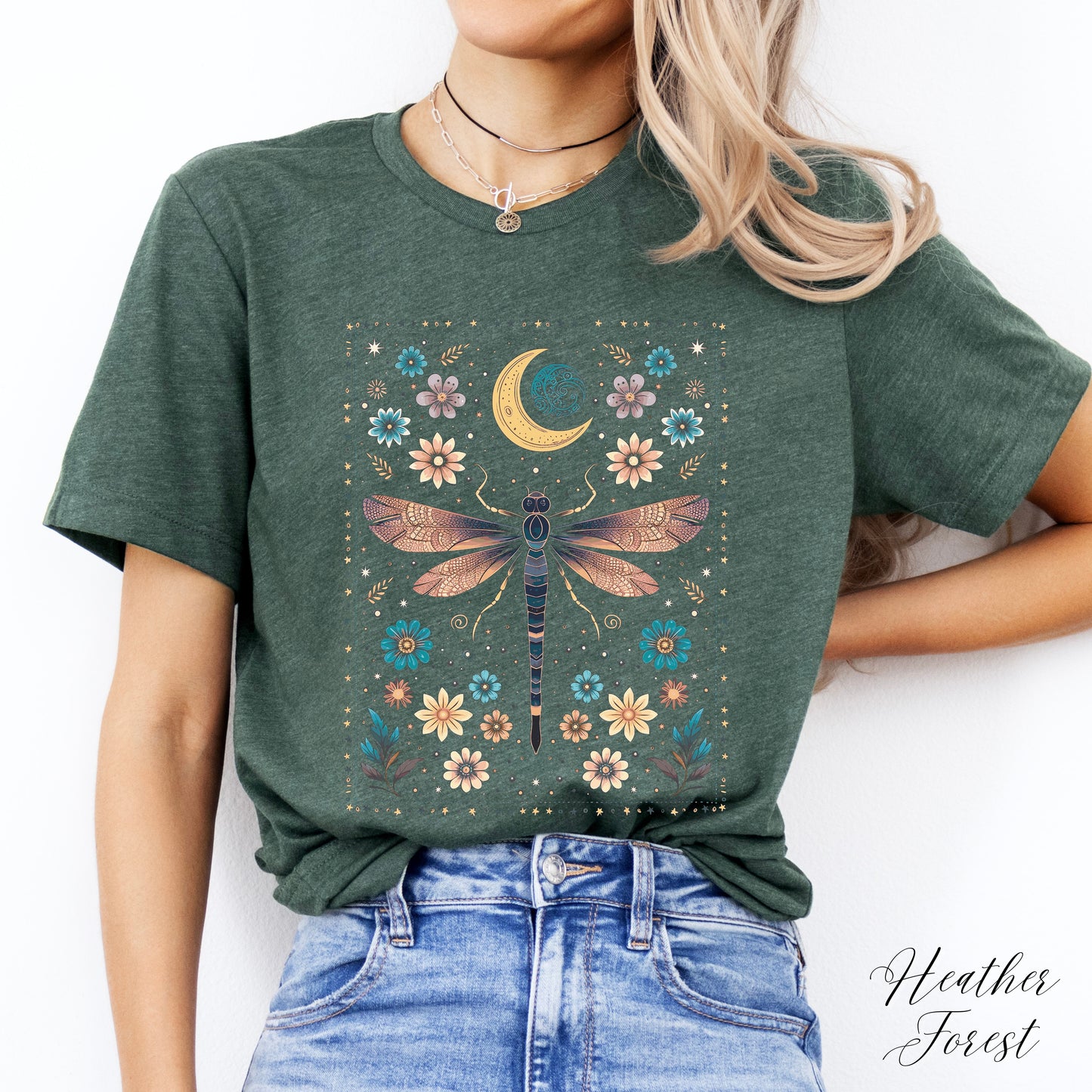 Vintage Dragonfly Shirt - Celestial Floral Moon and Dragonfly Graphic Tee - Boho Hippie Clothes