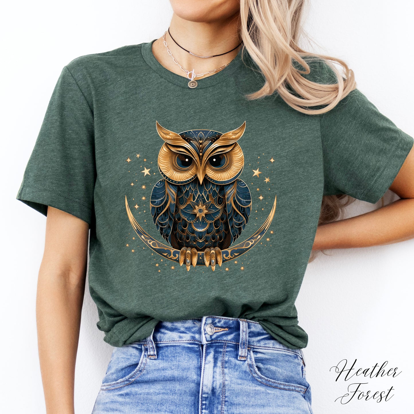 Celestial Owl Shirt - Owl on Crescent Moon Vintage Graphic Tee - Boho Shirt