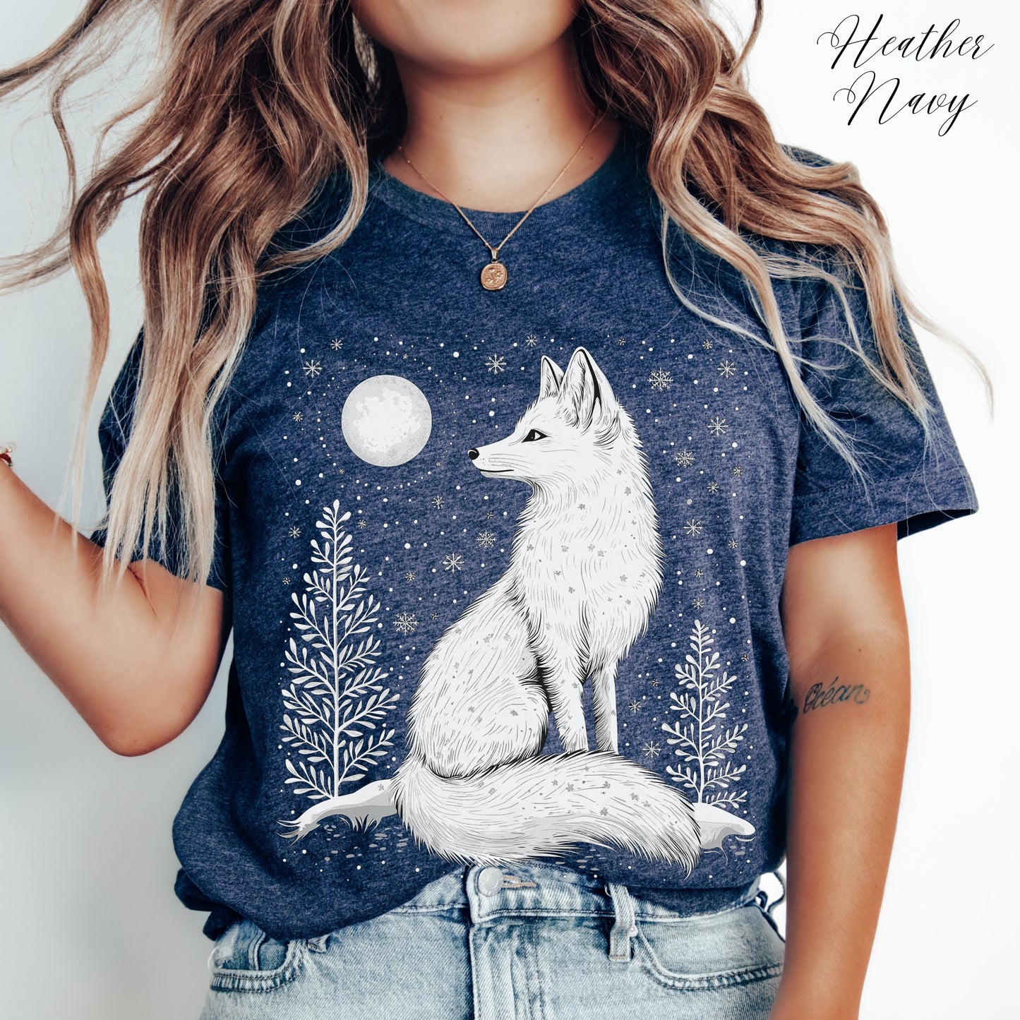 Boho Arctic Fox Shirt - Moon and White Fox Christmas Shirt