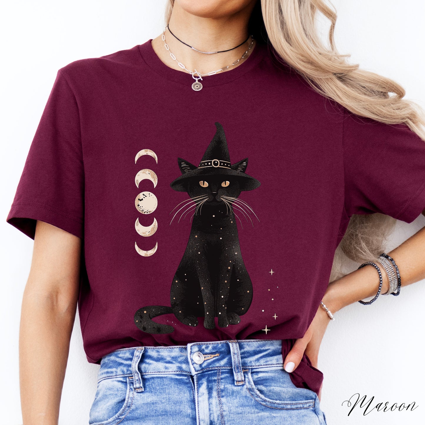 Halloween Cat Shirt - Cat and Moon Phase Shirt - Witch Cat Halloween Shirt