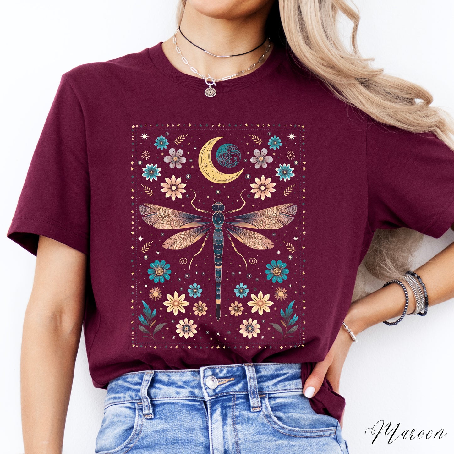 Vintage Dragonfly Shirt - Celestial Floral Moon and Dragonfly Graphic Tee - Boho Hippie Clothes