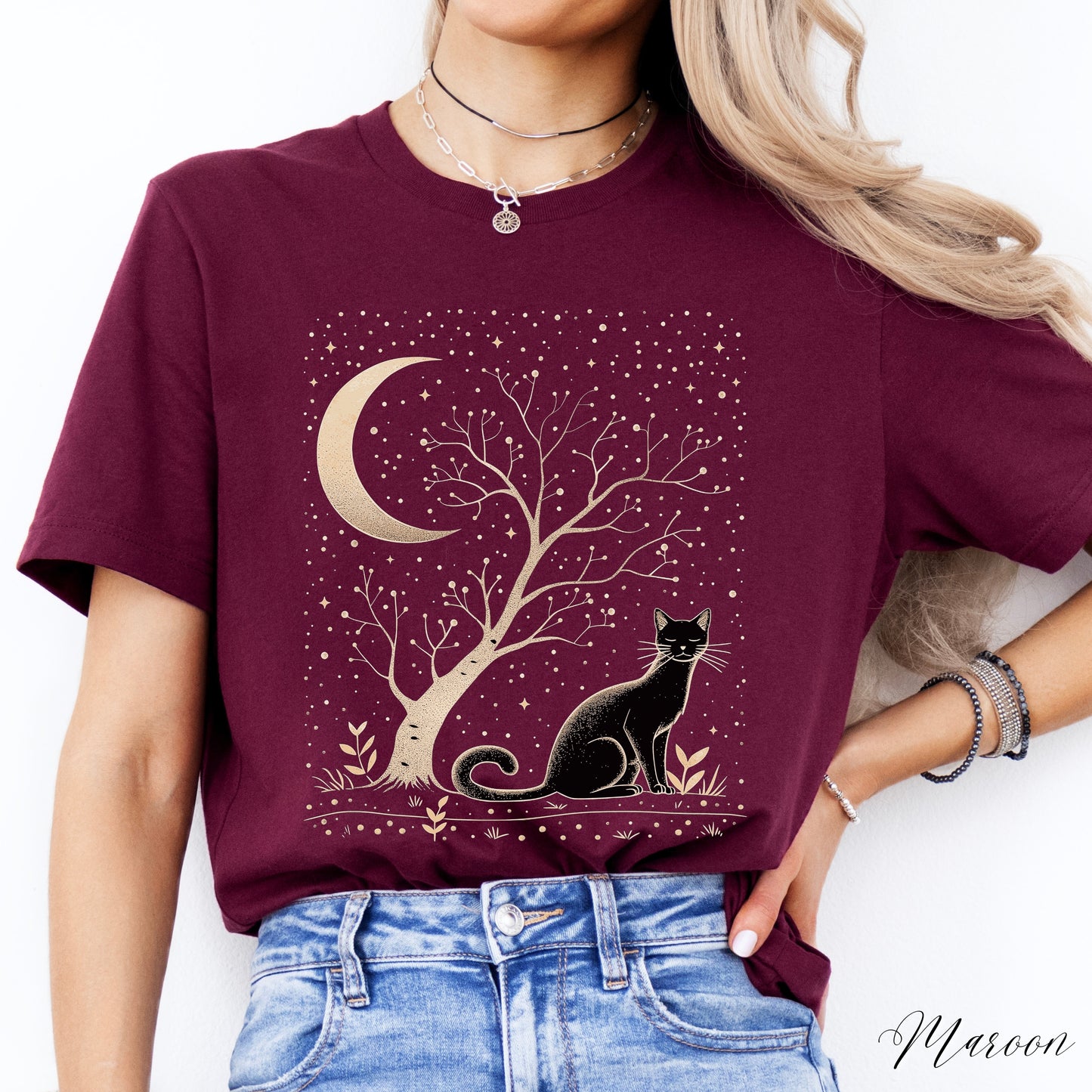 Moonlit Cat Shirt - Bohemian Moon Cat Vintage Graphic Tee