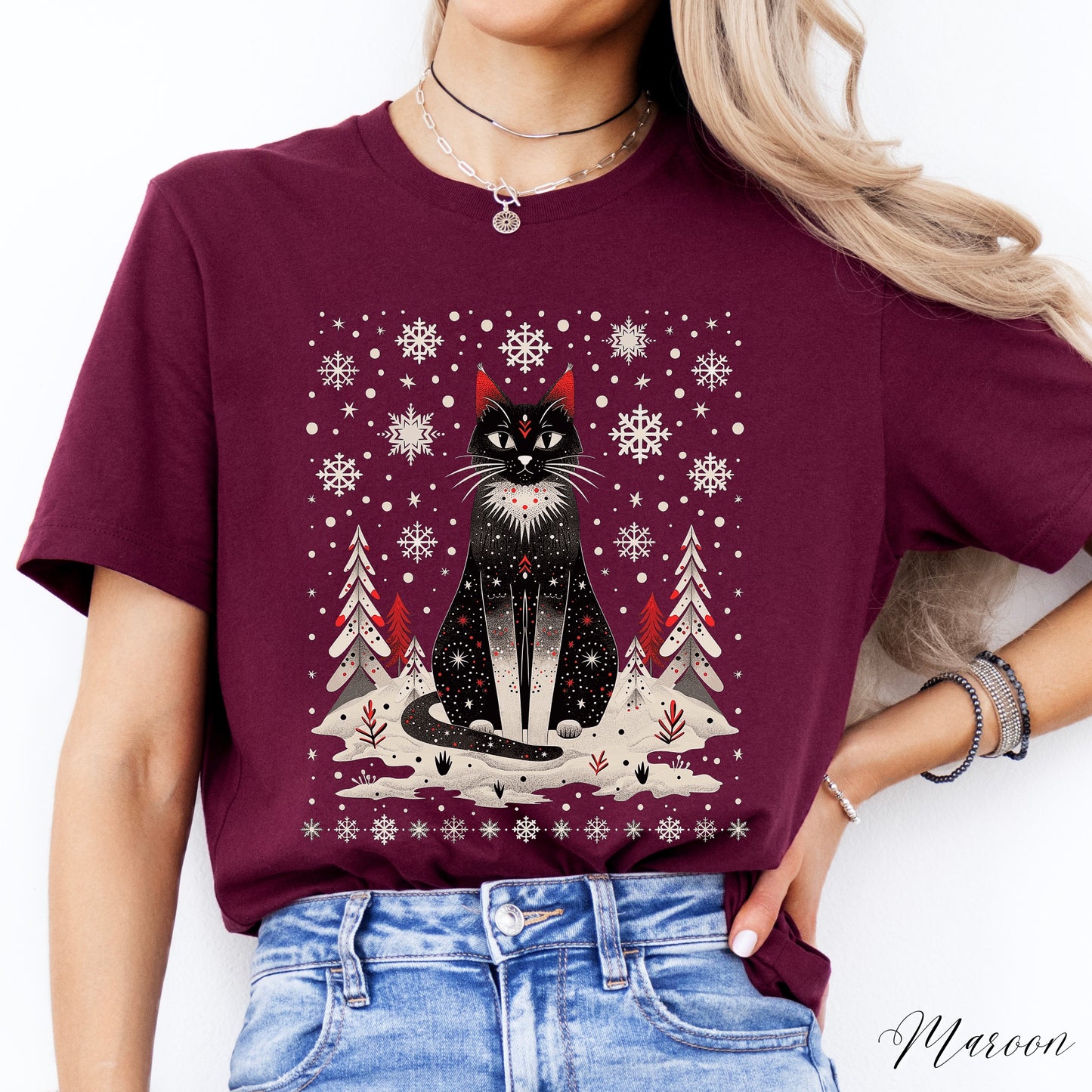 Festive Christmas Cat Shirt - Scandinavian Graphic Christmas Shirt
