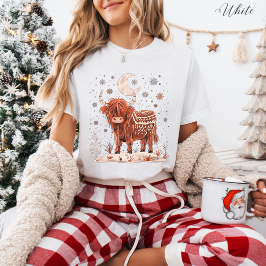 Highland Cow Christmas Shirt - Snowy Moon Cow Shirt - Cottagecore Graphic Tee