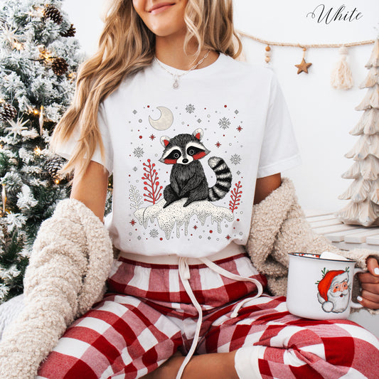 Festive Raccoon Christmas Shirt - Cottagecore Winter Graphic Tee - Woodland Creature Shirt