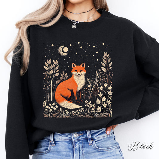 Moon and Fox Sweatshirt - Vintage Folklore Aesthetic Woodland Animal Jumper