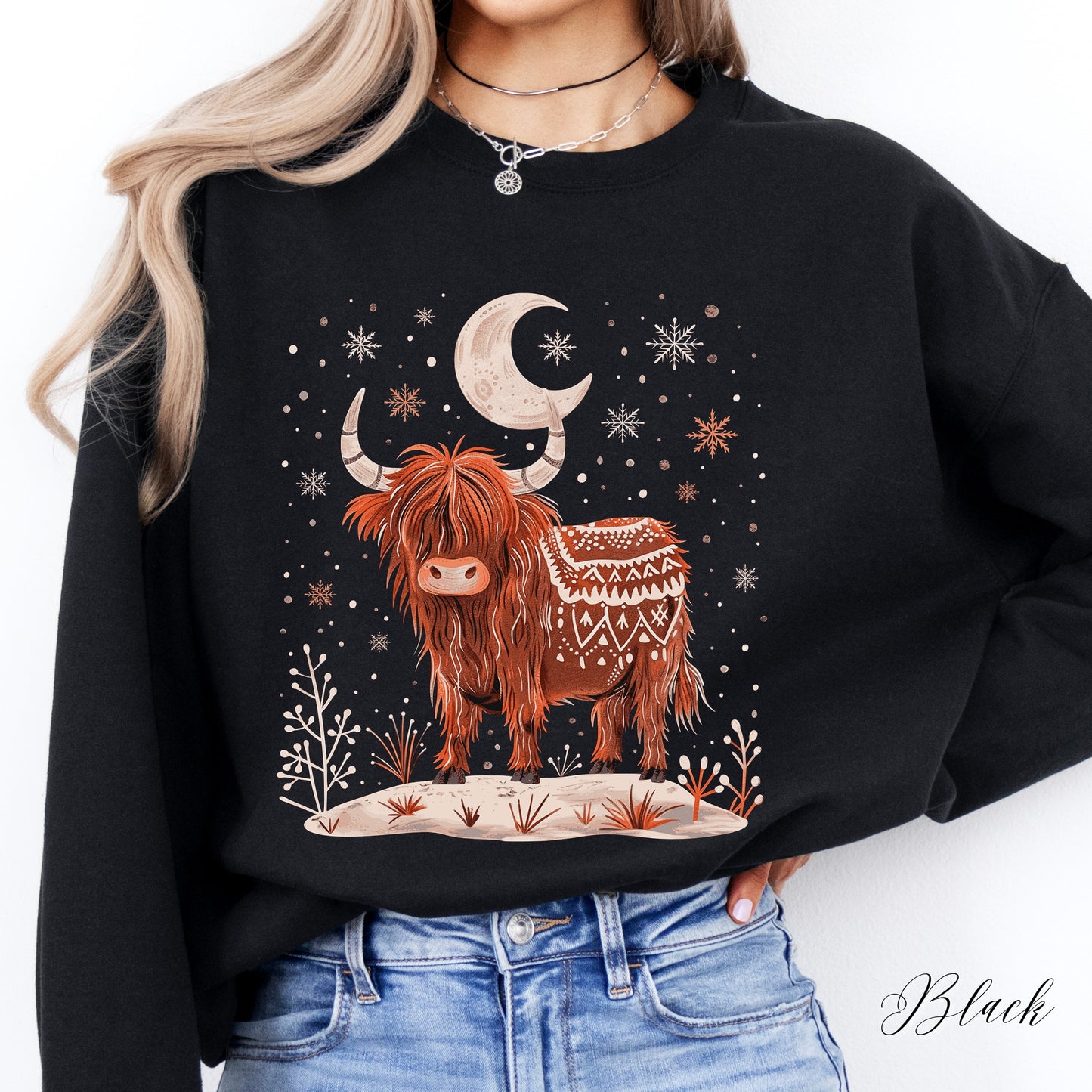 Highland Cow Christmas Sweatshirt - Moon Cow Sweatshirt - Boho Winter Jumper