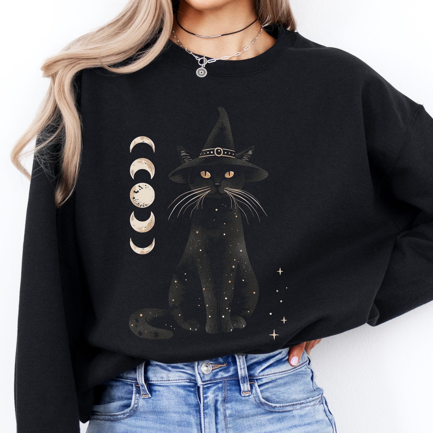Halloween Cat Sweatshirt - Moon Cat Halloween Sweatshirt - Witch Cat Jumper