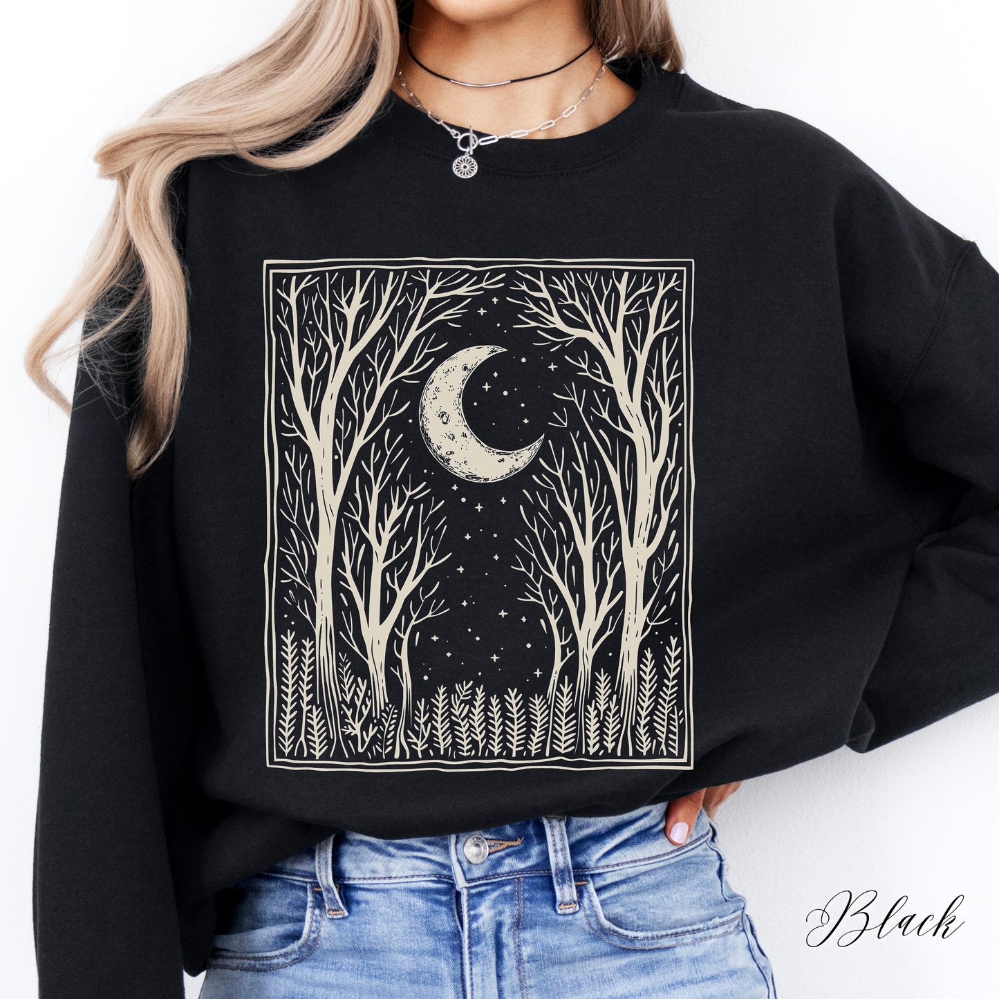 Bohemian Dark Forest Sweatshirt - Vintage Aesthetic Woodland and Moon Jumper