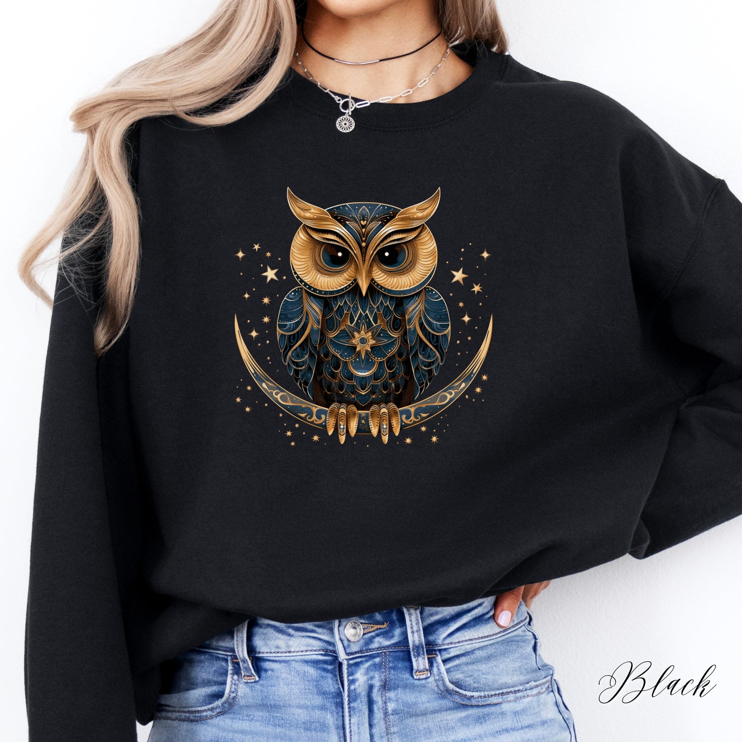 Celestial Moon Owl Sweatshirt - Bohemian Winter Sweatshirt - Christmas Sweatshirt