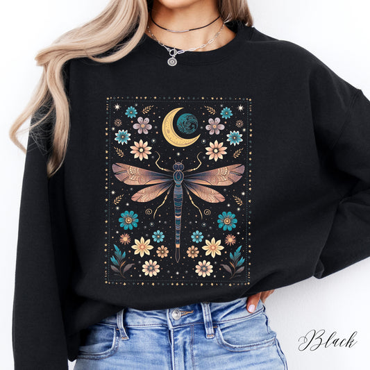 Bohemian Vintage Dragonfly Sweatshirt - Celestial Floral Hippie Sweatshirt