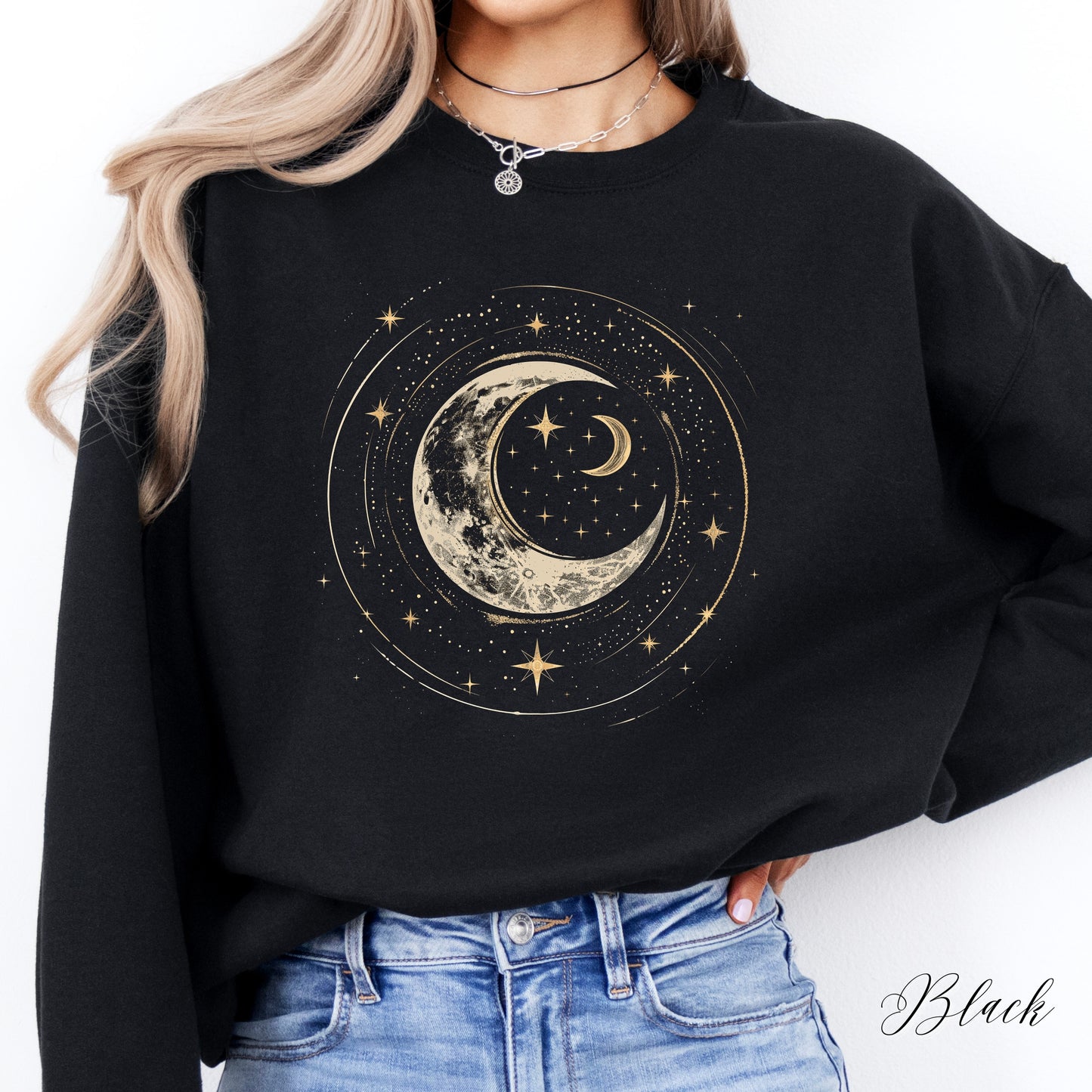 Crescent Moon Sweatshirt - Bohemian Moon Phase and Stars Jumper
