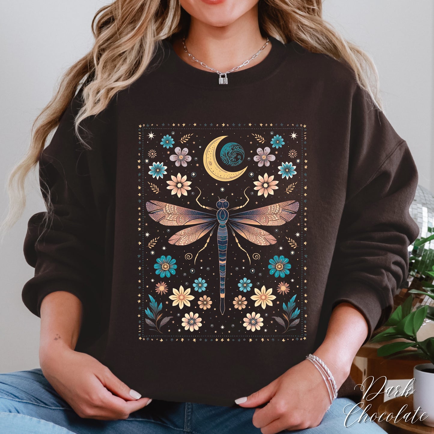 Bohemian Vintage Dragonfly Sweatshirt - Celestial Floral Hippie Sweatshirt