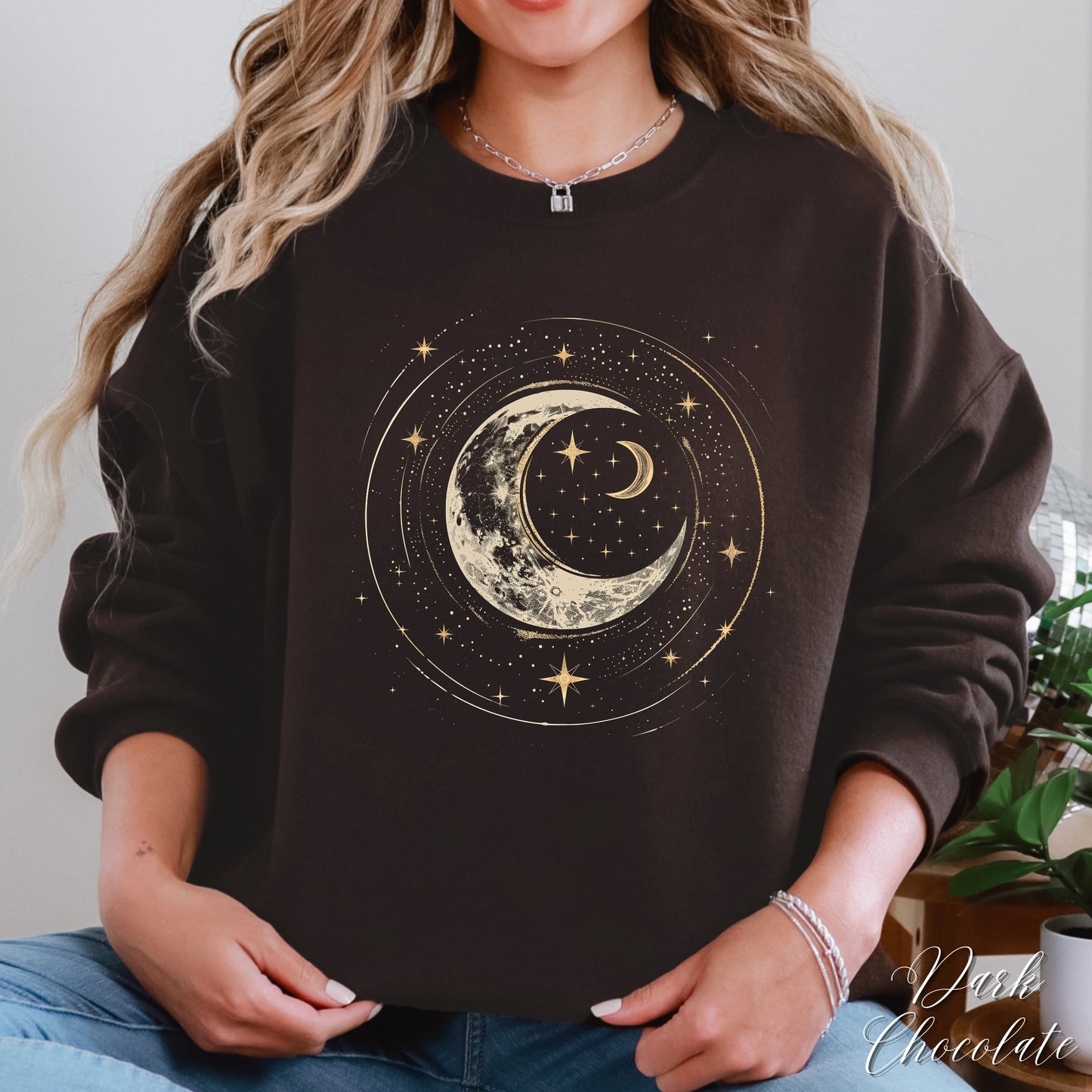 Crescent Moon Sweatshirt - Bohemian Moon Phase and Stars Jumper