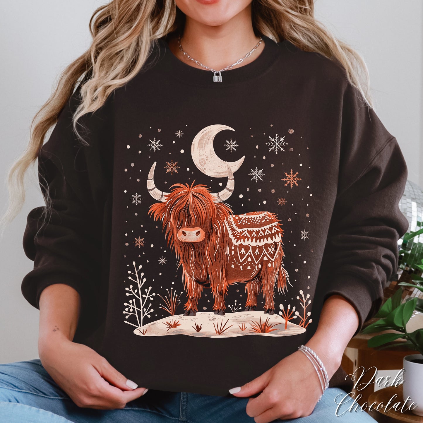 Highland Cow Christmas Sweatshirt - Moon Cow Sweatshirt - Boho Winter Jumper