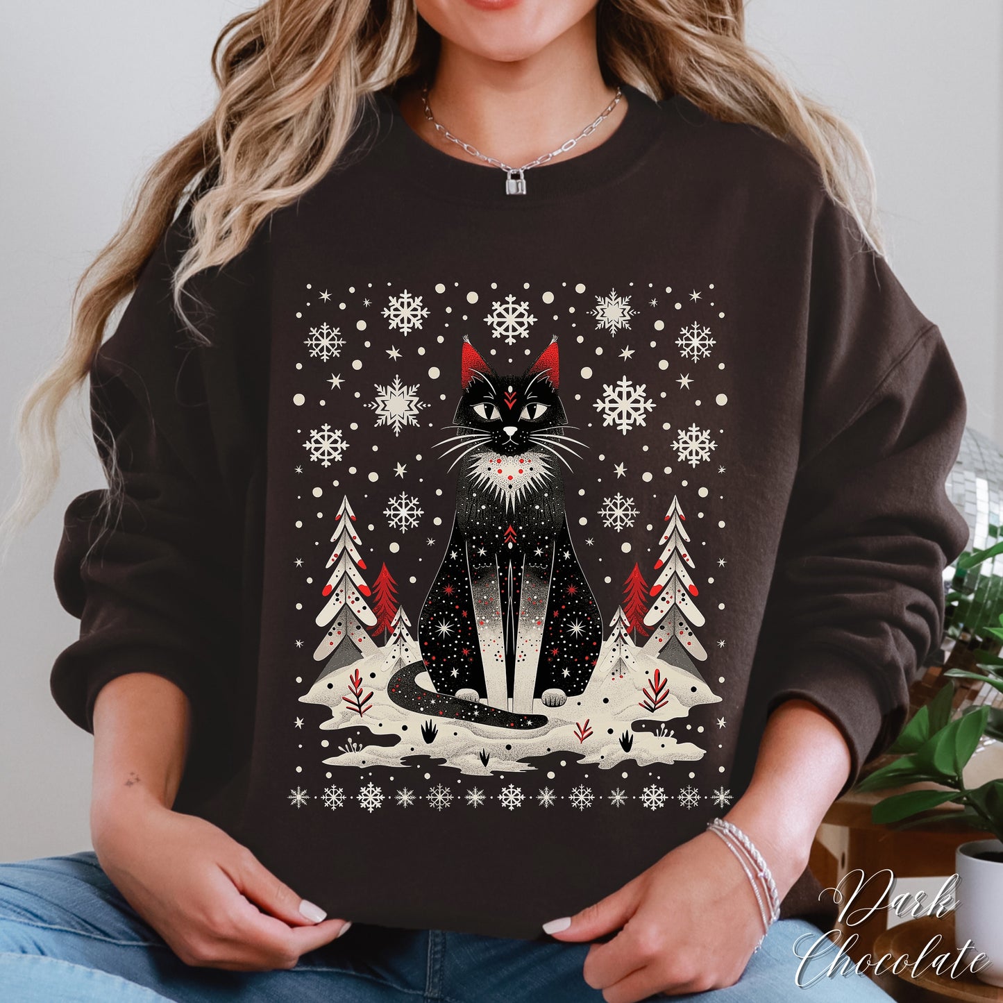 Scandinavian Christmas Cat Sweatshirt - Boho Christmas Sweatshirt