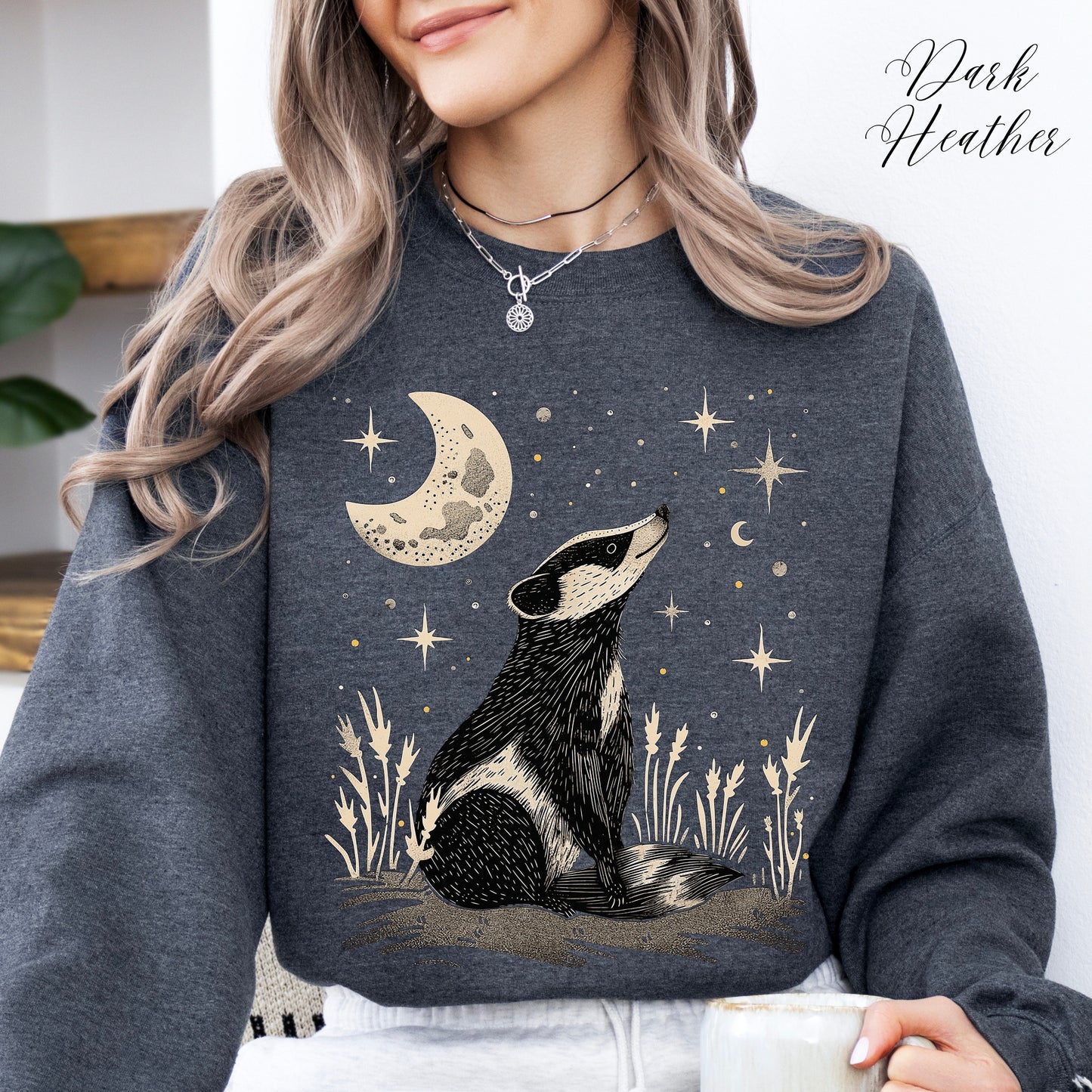 Mystic Moon and Badger Sweatshirt - Boho Woodland Animal Jumper