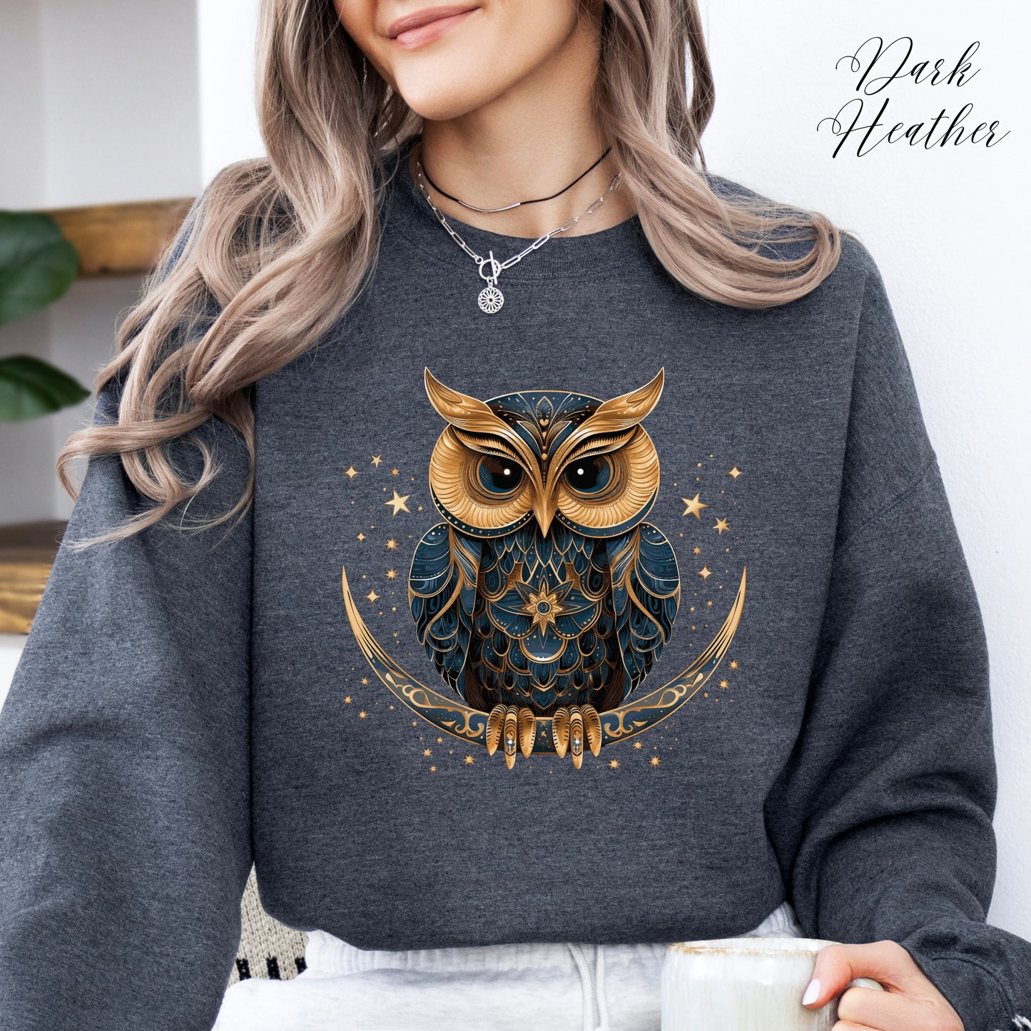 Celestial Moon Owl Sweatshirt - Bohemian Winter Sweatshirt - Christmas Sweatshirt