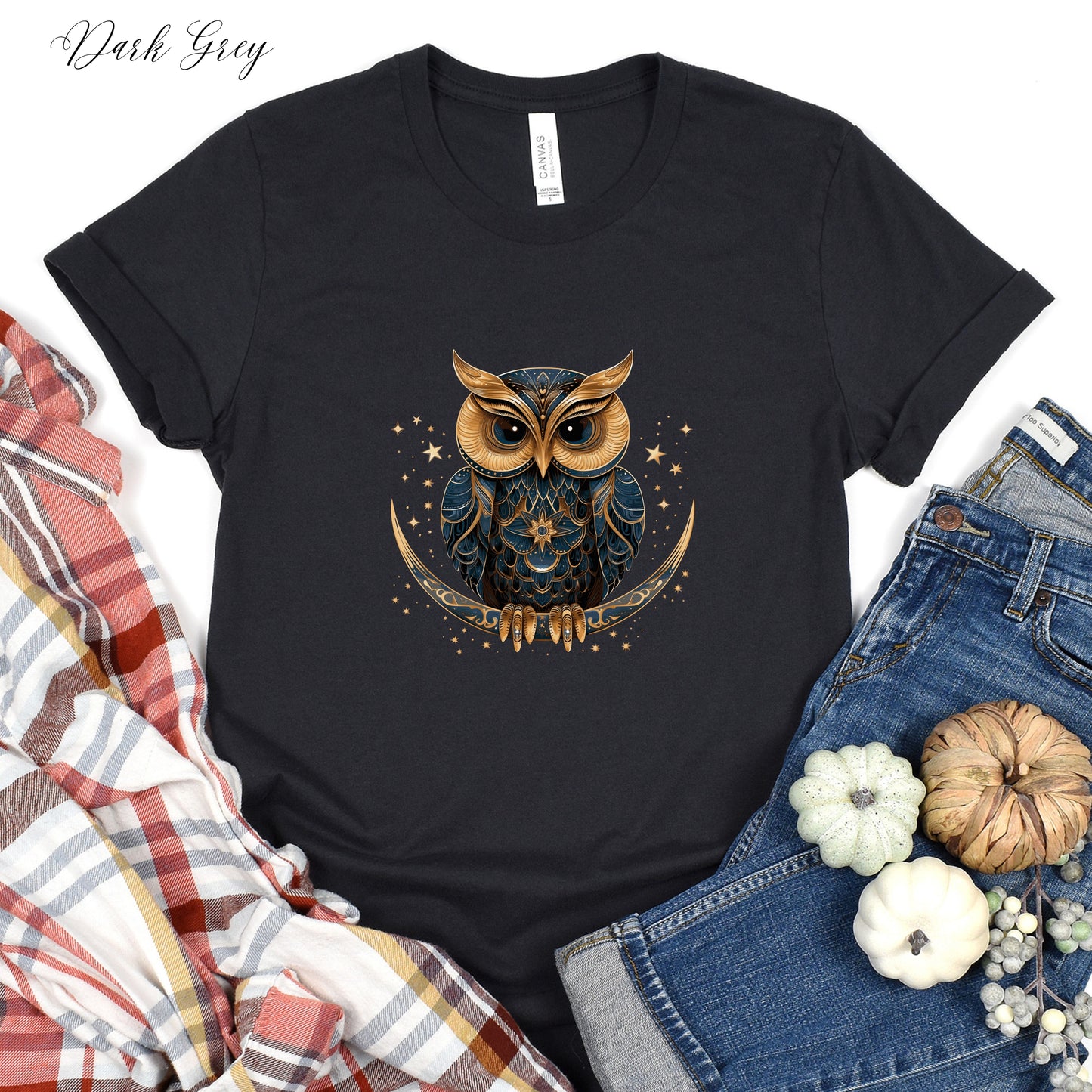 Celestial Owl Shirt - Owl on Crescent Moon Vintage Graphic Tee - Boho Shirt