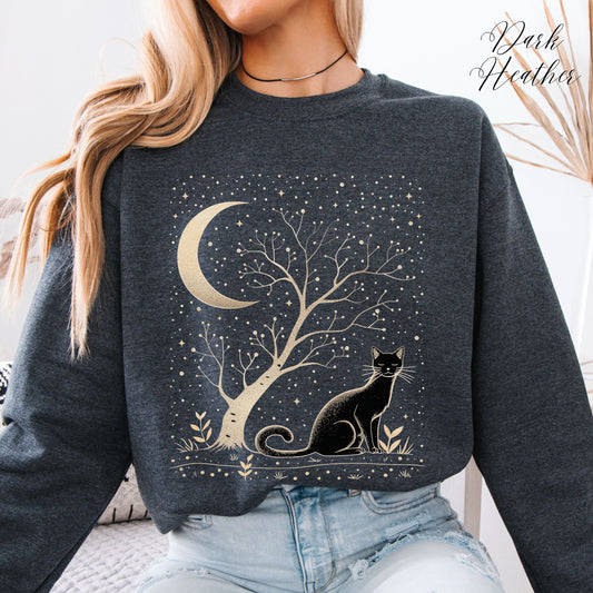 Mystical Cat Sweatshirt - Cat, Tree and Moon Jumper - Bohemian Celestial Sweatshirt