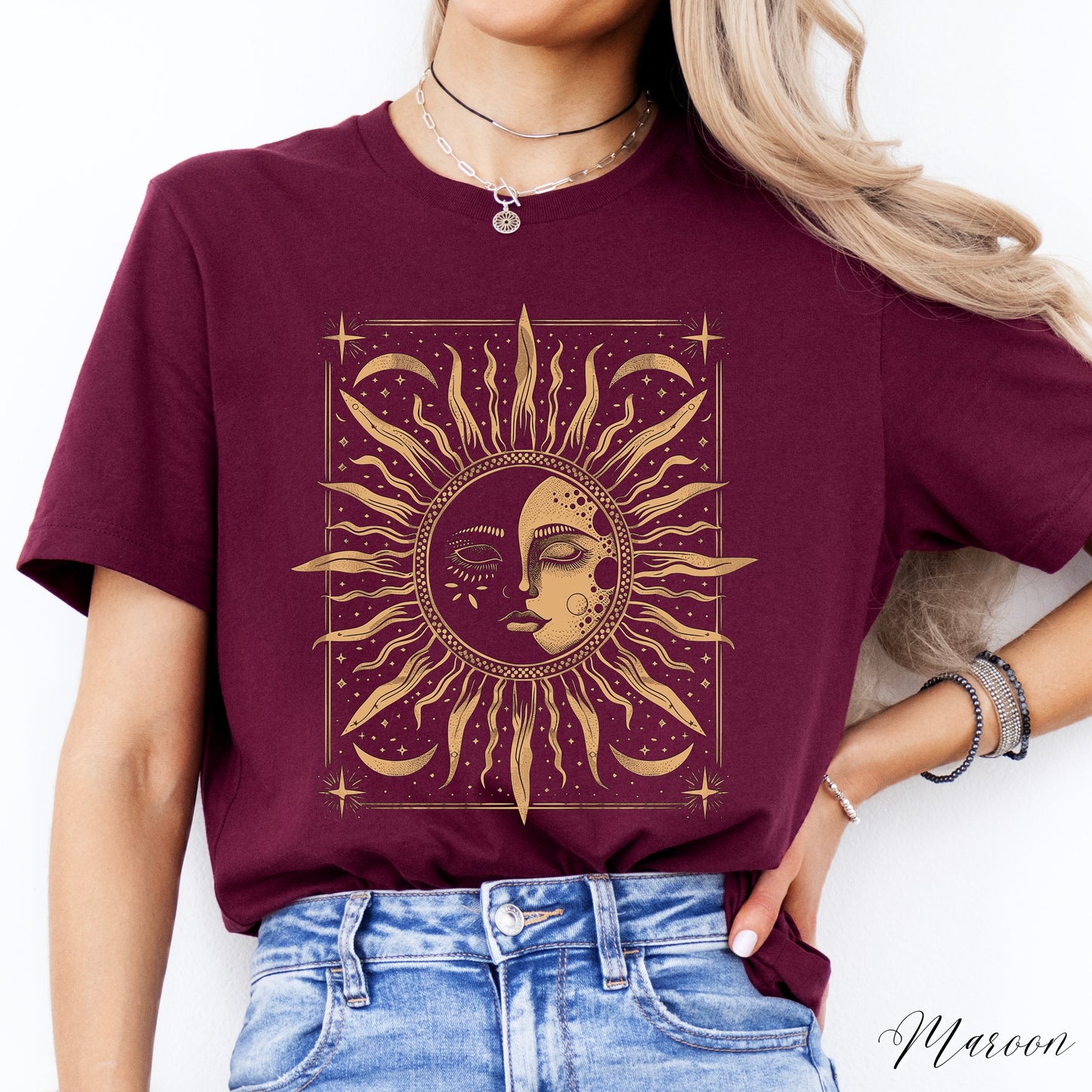 Bohemian Sun and Moon Phase Shirt - Celestial Vintage Graphic Tee