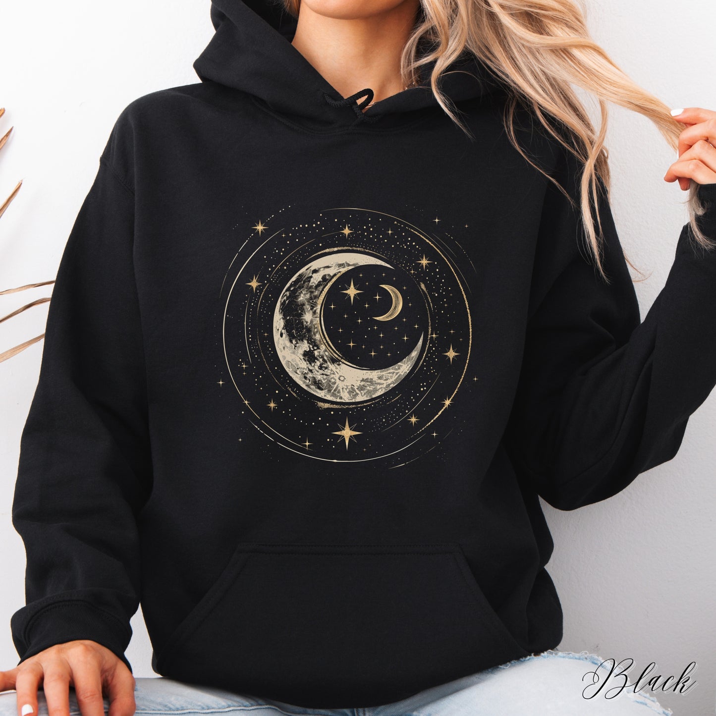 Crescent Moon Hoodie - Bohemian Mystic Moon and Stars Graphic Hoodie