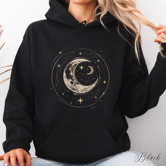 Crescent Moon Hoodie - Bohemian Mystic Moon and Stars Graphic Hoodie