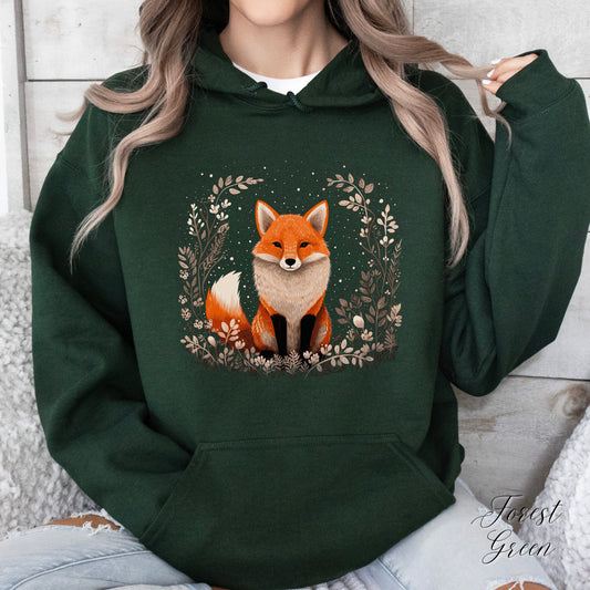 Botanical Red Fox Hoodie - Cottagecore Forest Animal Hoodie