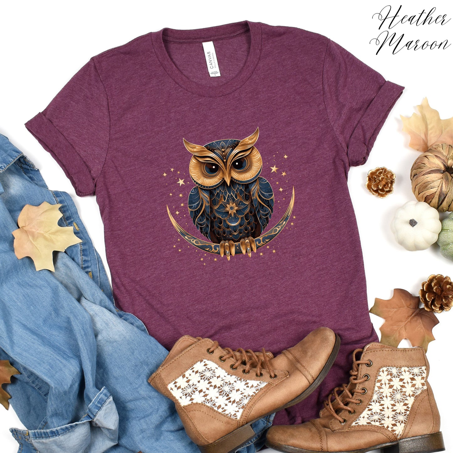Celestial Owl Shirt - Owl on Crescent Moon Vintage Graphic Tee - Boho Shirt