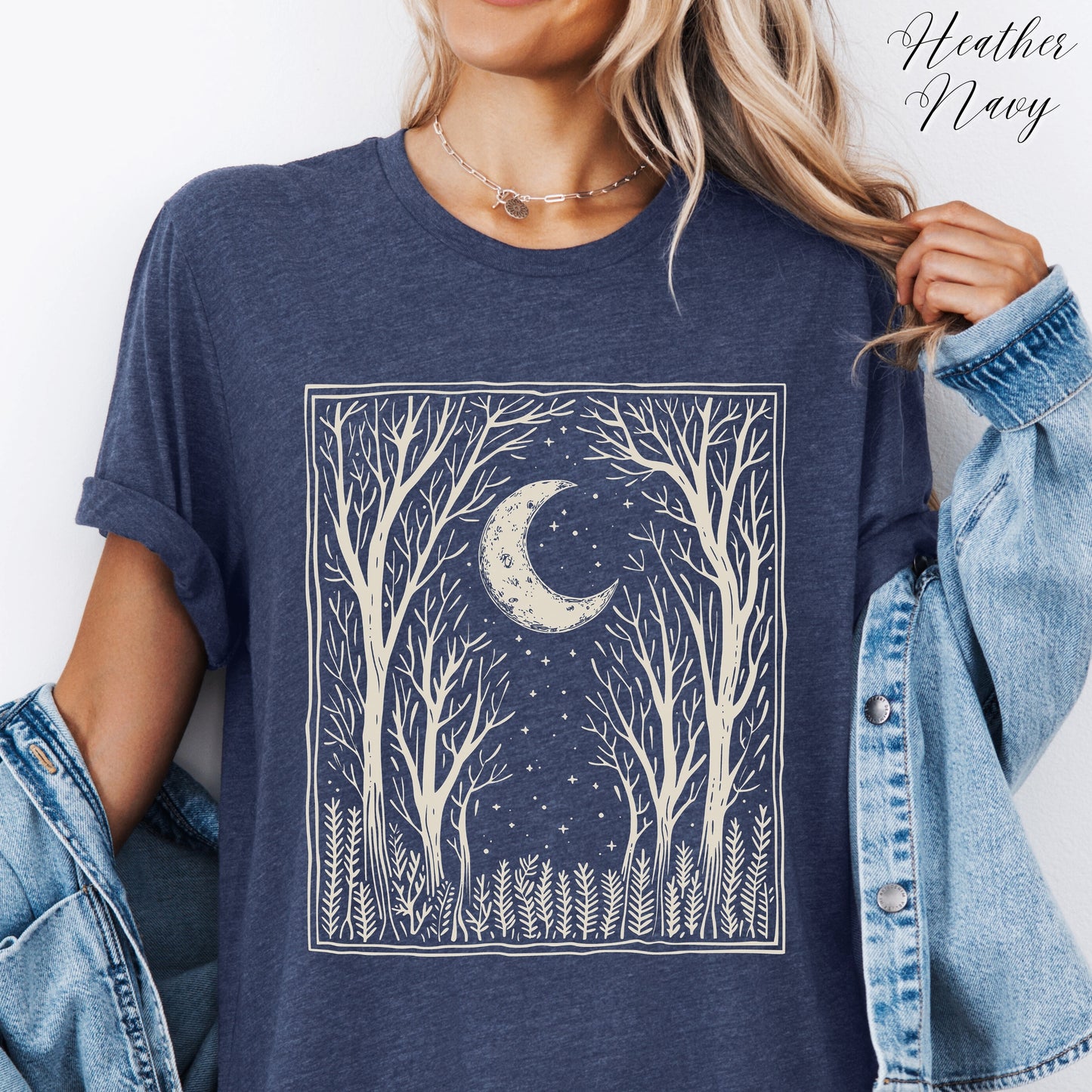 Bohemian Dark Forest Vintage Graphic Tee - Moon and Tree Nature Shirt