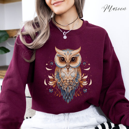 Vintage Owl Sweatshirt - Bohemian Bird Sweatshirt - Whimsical Woodland Creature Jumper