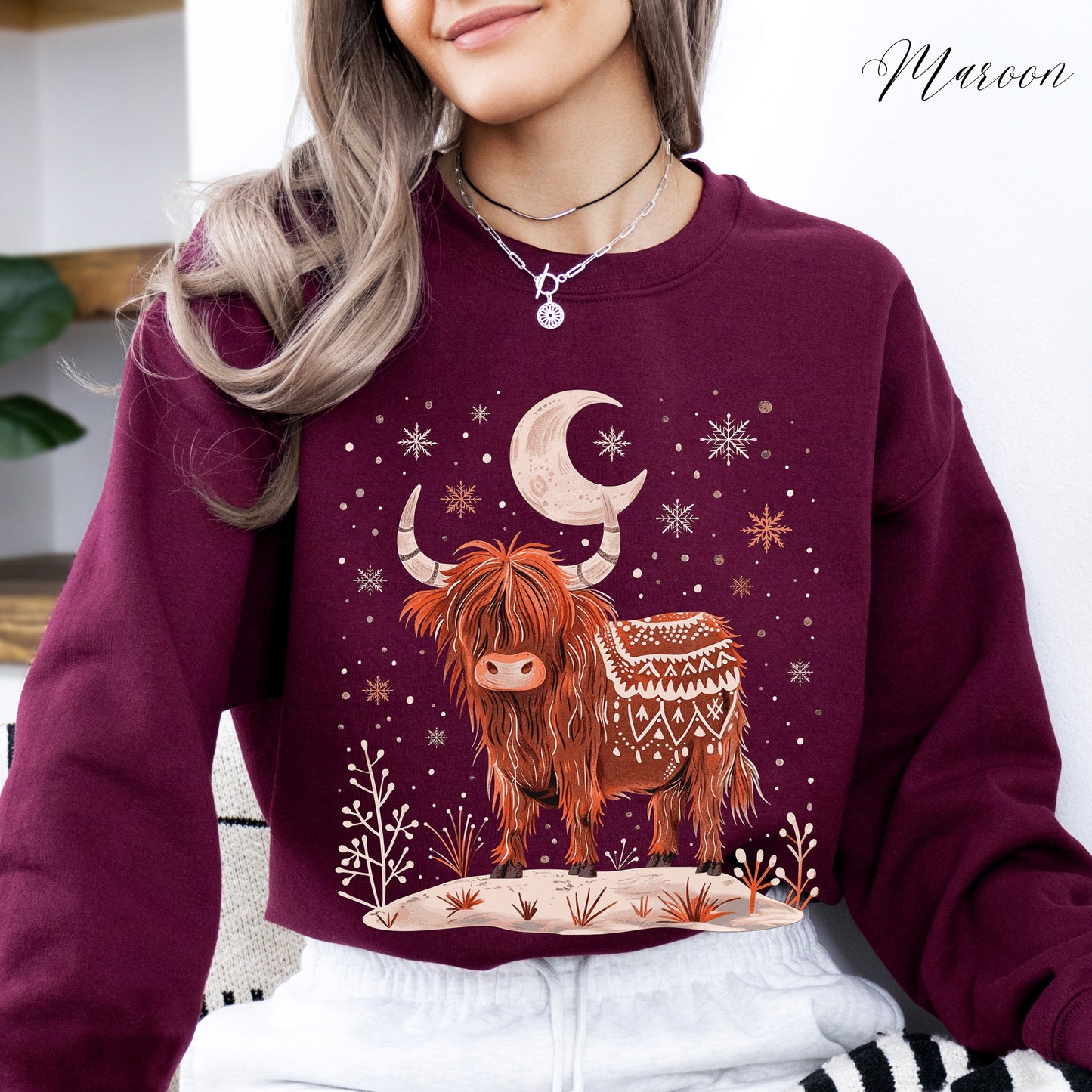 Highland Cow Christmas Sweatshirt - Moon Cow Sweatshirt - Boho Winter Jumper