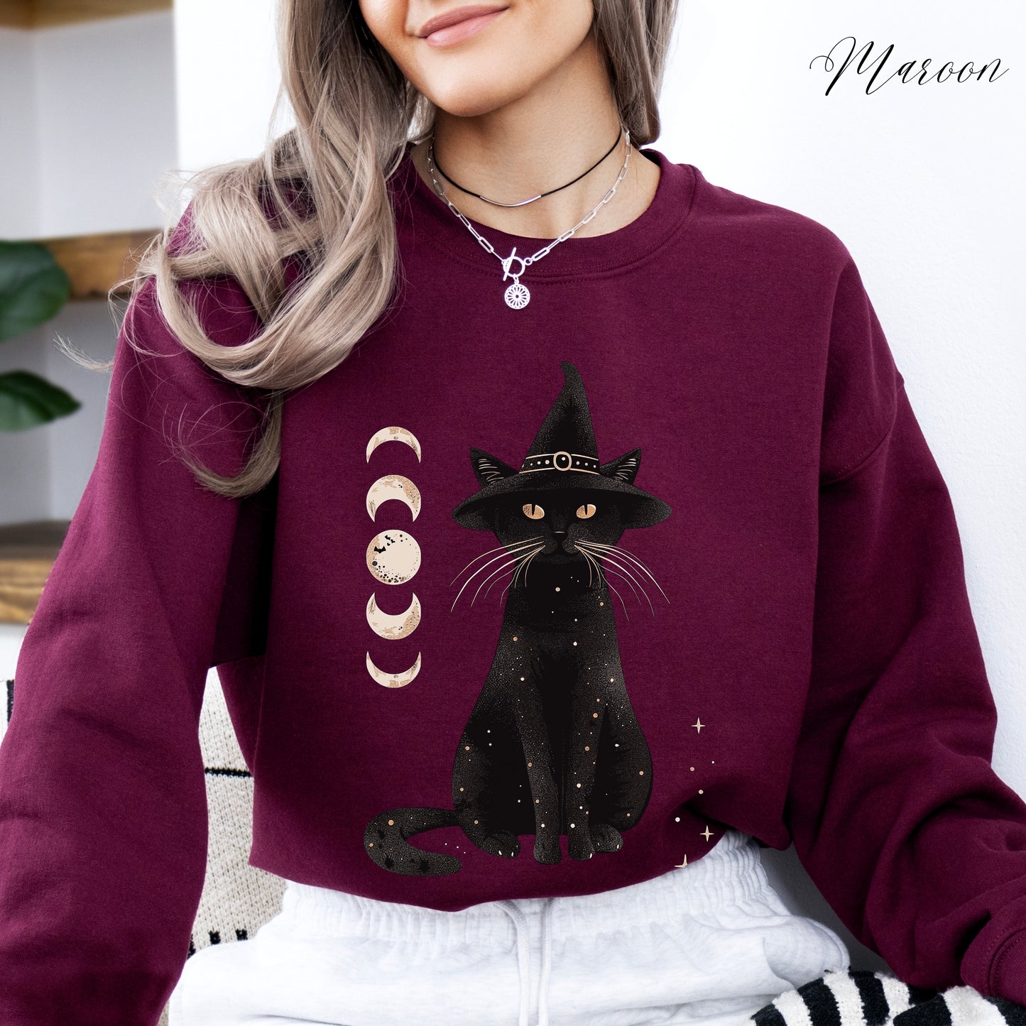Halloween Cat Sweatshirt - Moon Cat Halloween Sweatshirt - Witch Cat Jumper