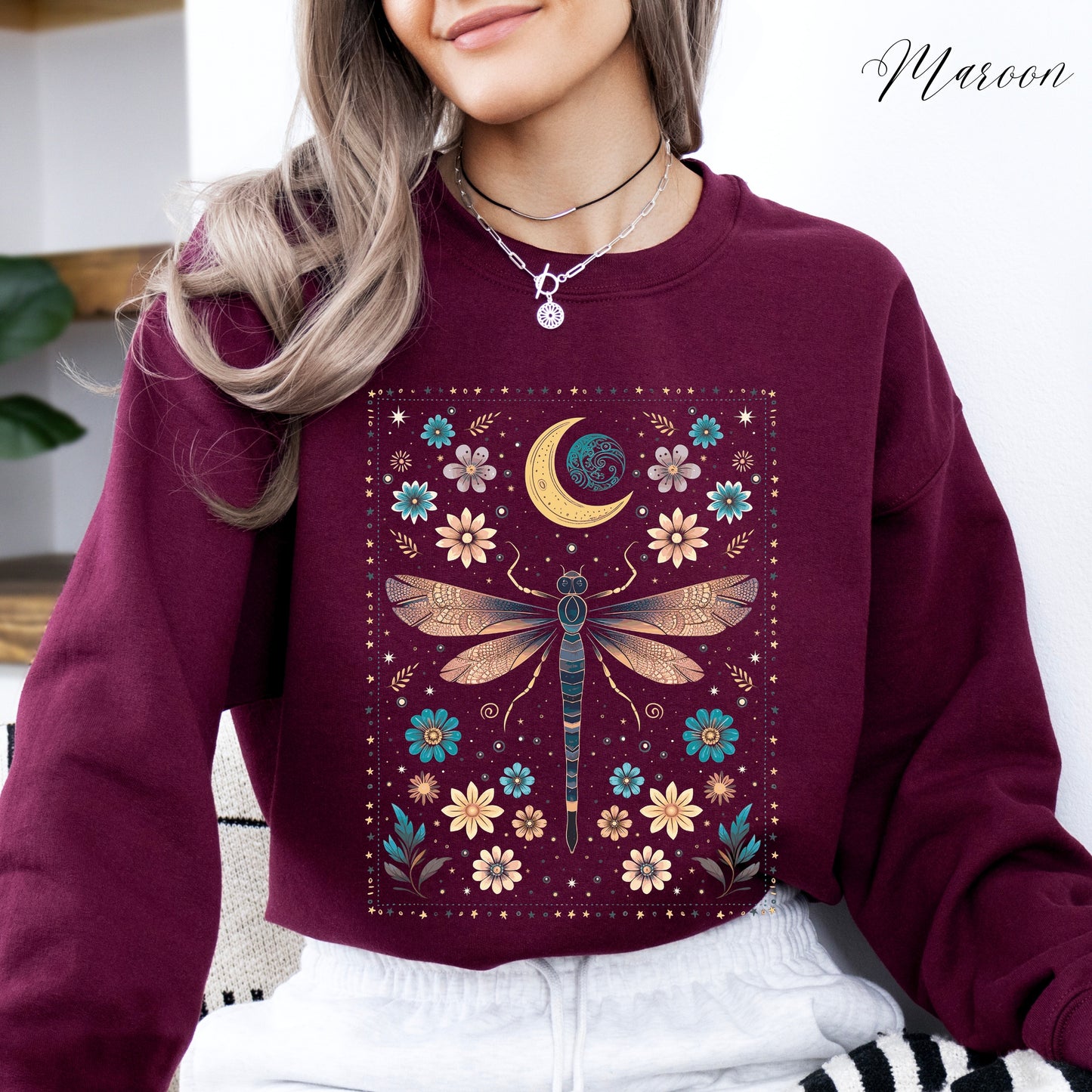 Bohemian Vintage Dragonfly Sweatshirt - Celestial Floral Hippie Sweatshirt