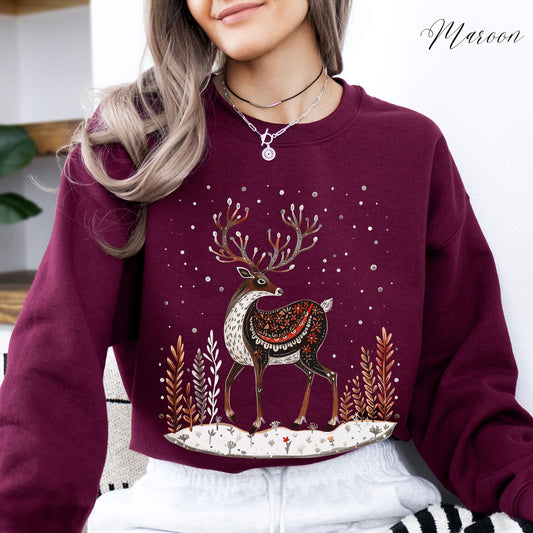 Reindeer Christmas Sweatshirt - Winter Deer Sweatshirt - Cottagecore Forest Animal Jumper