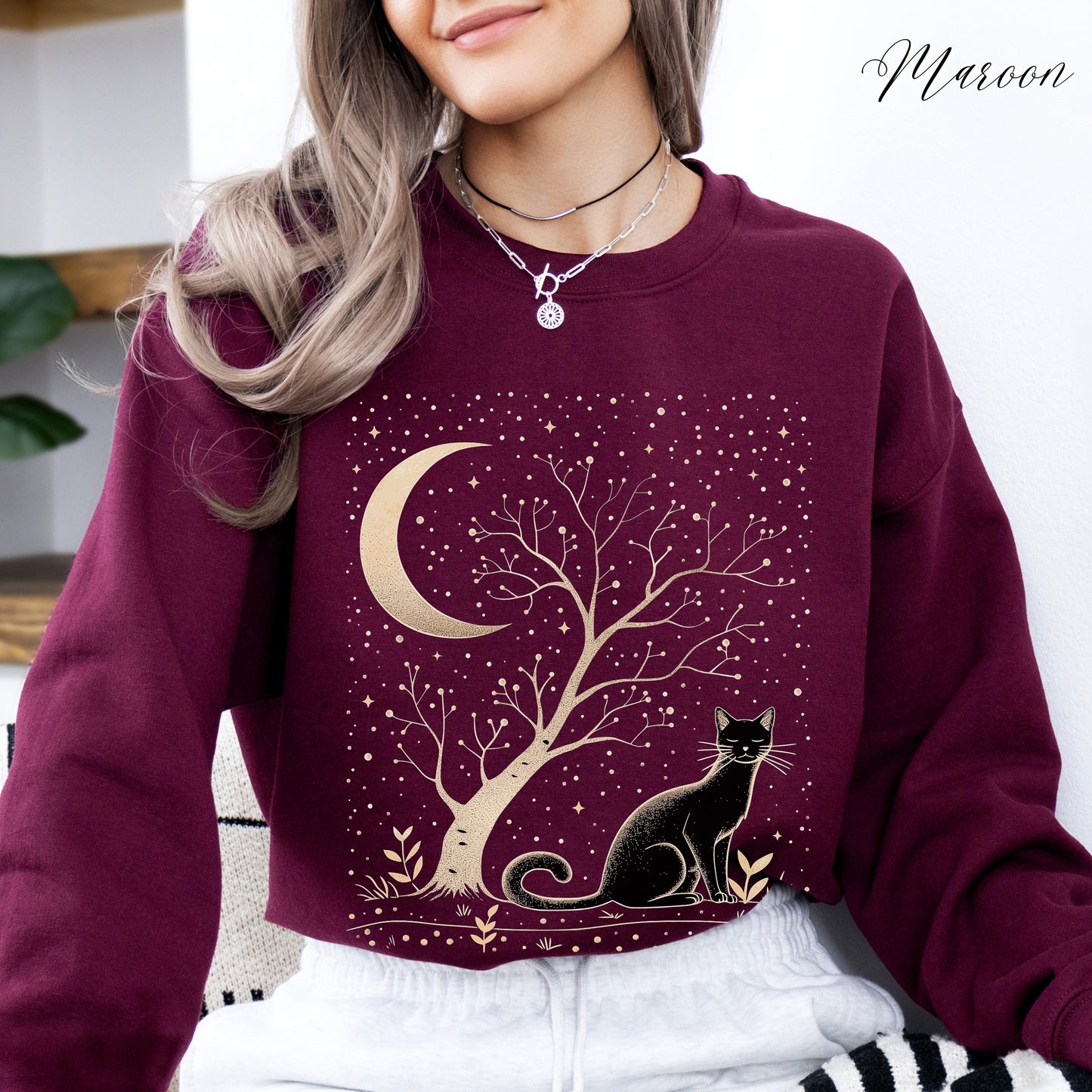 Mystical Cat Sweatshirt - Cat, Tree and Moon Jumper - Bohemian Celestial Sweatshirt