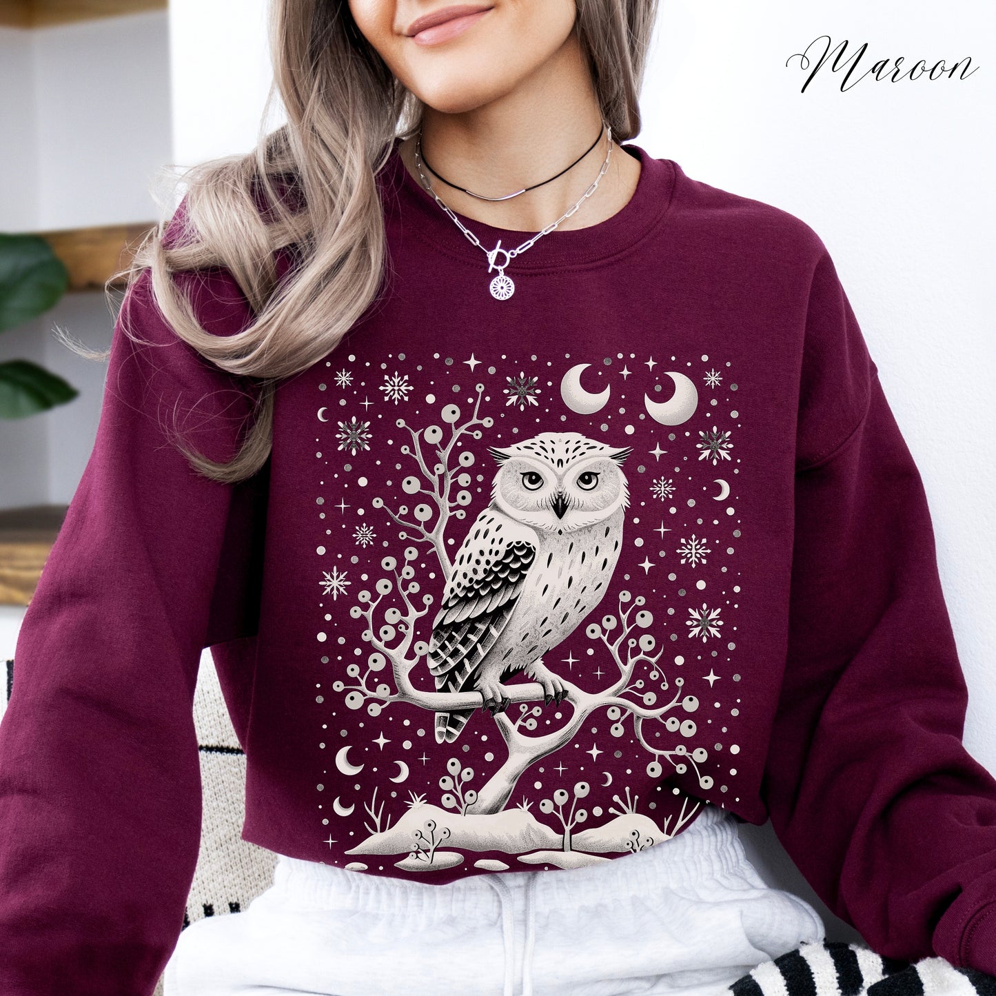 White Winter Owl Sweatshirt - Folklore Christmas Sweatshirt