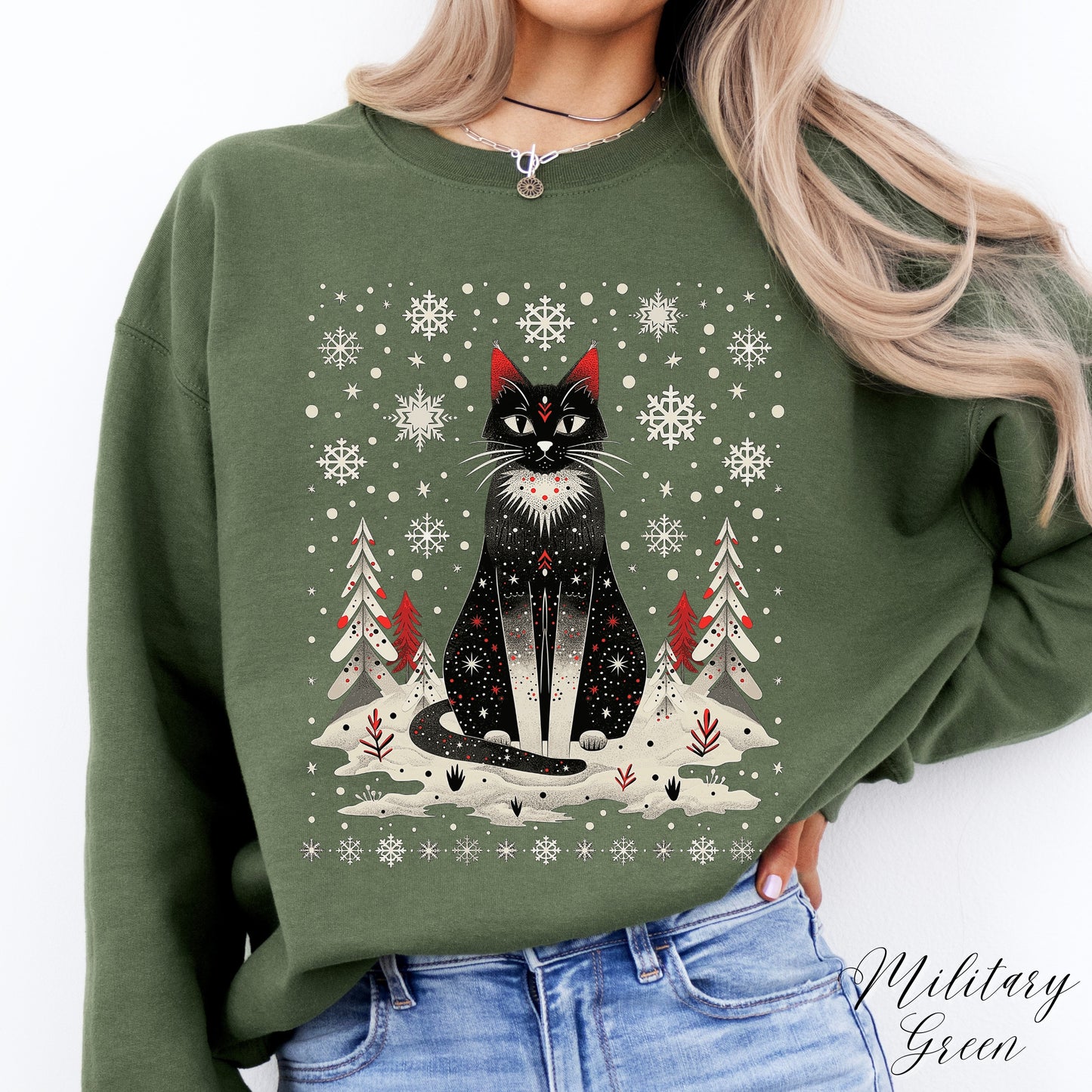 Scandinavian Christmas Cat Sweatshirt - Boho Christmas Sweatshirt