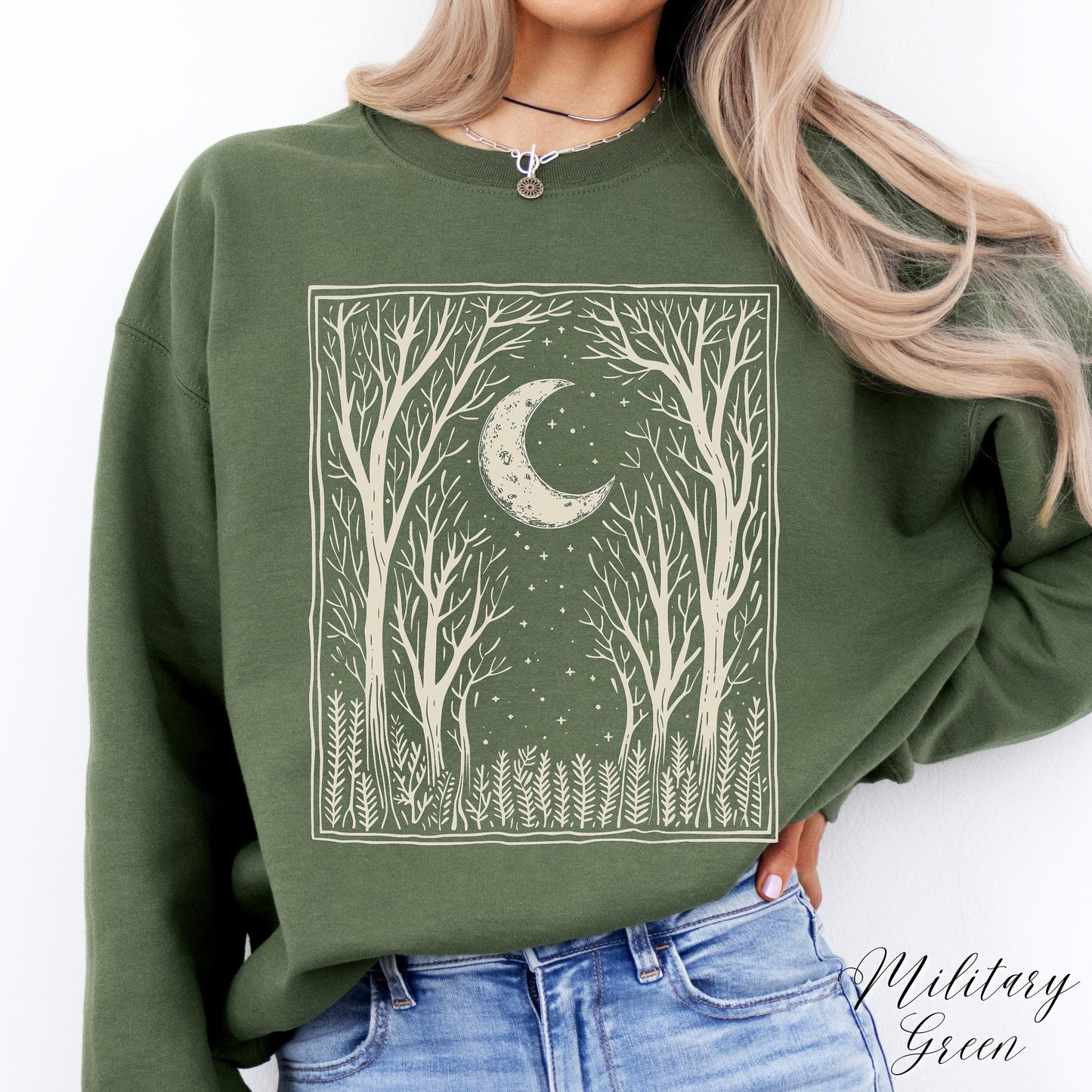 Bohemian Dark Forest Sweatshirt - Vintage Aesthetic Woodland and Moon Jumper
