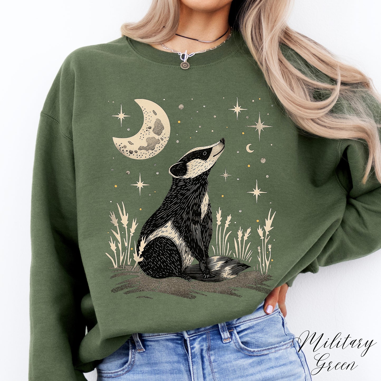 Mystic Moon and Badger Sweatshirt - Boho Woodland Animal Jumper