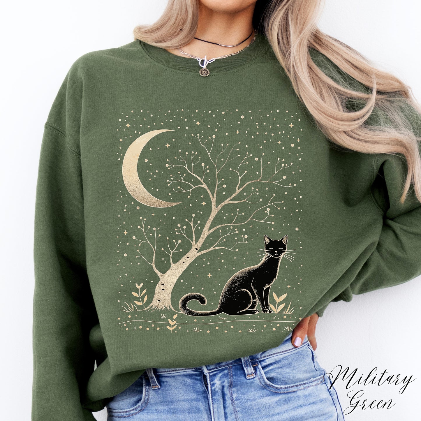 Mystical Cat Sweatshirt - Cat, Tree and Moon Jumper - Bohemian Celestial Sweatshirt