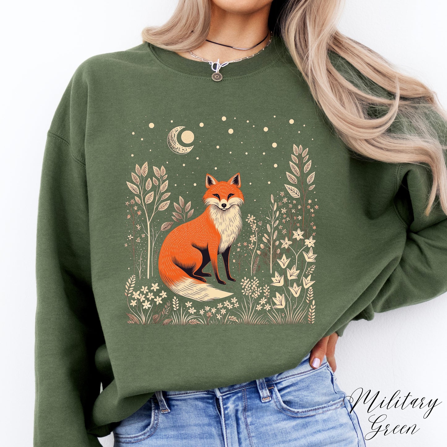 Moon and Fox Sweatshirt - Vintage Folklore Aesthetic Woodland Animal Jumper
