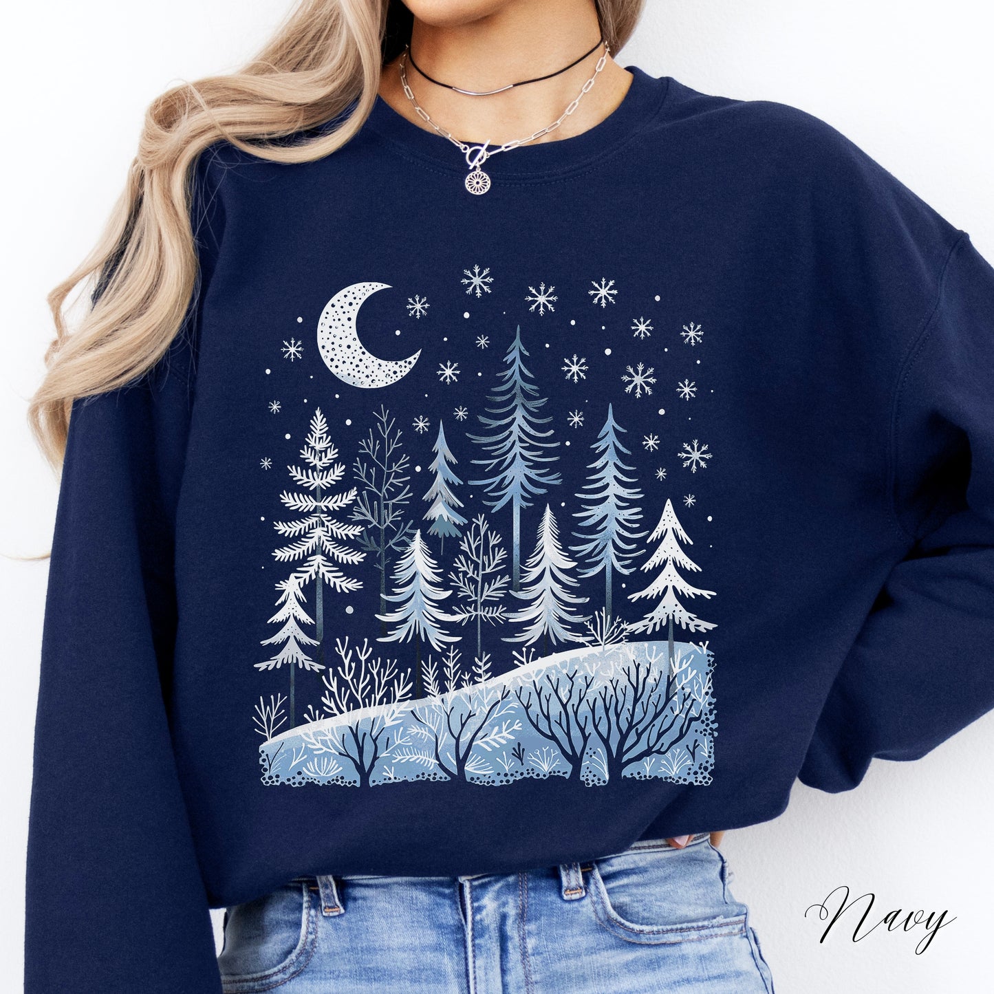 Boho Winter Forest Sweatshirt - Woodland and Moon Christmas Jumper