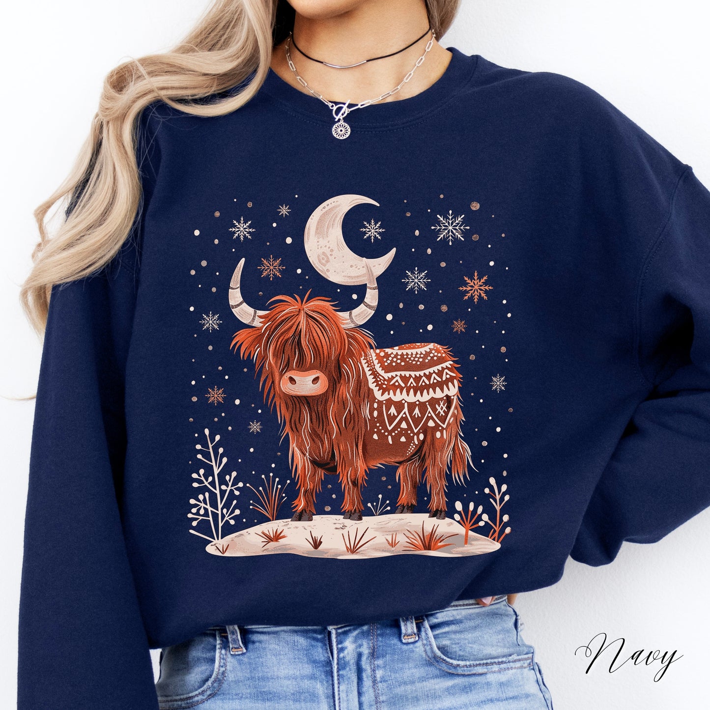 Highland Cow Christmas Sweatshirt - Moon Cow Sweatshirt - Boho Winter Jumper