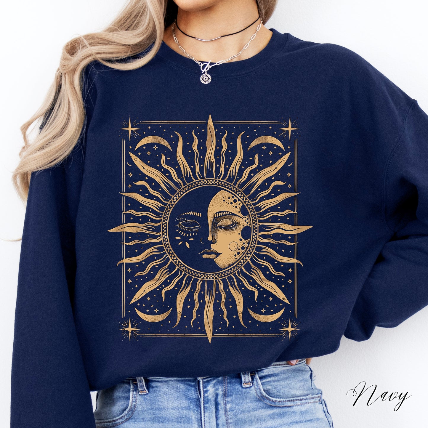 Boho Sun and Moon Phase Sweatshirt - Vintage Style Hippie Jumper