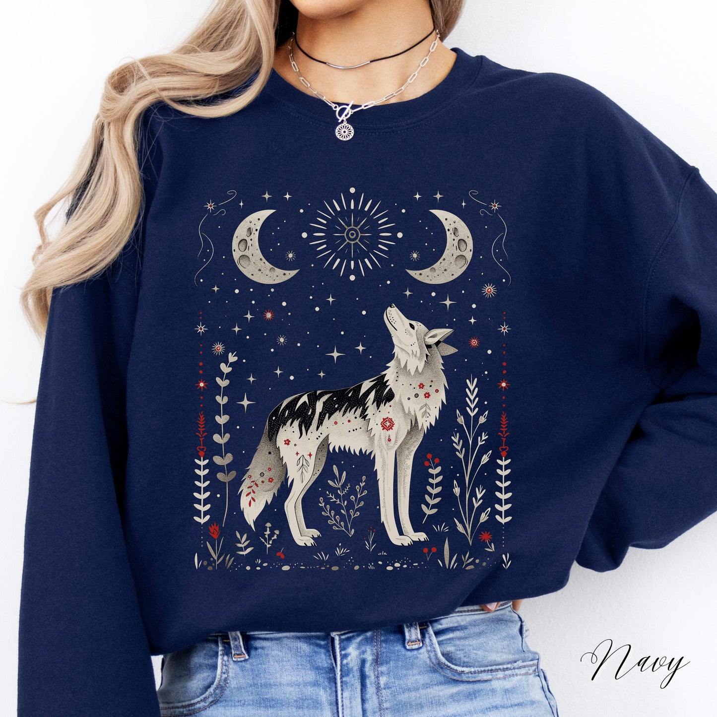 Scandinavian Moon and Wolf Sweatshirt - Folklore Animal Jumper