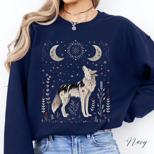 Scandinavian Moon and Wolf Sweatshirt - Folklore Animal Jumper